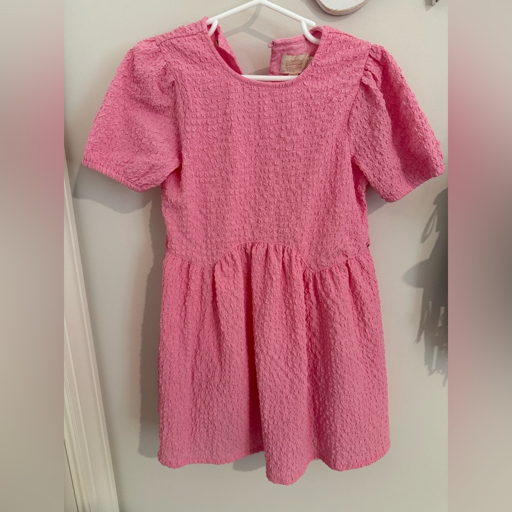 Girls' Pink Textured Puff-Sleeve Dress